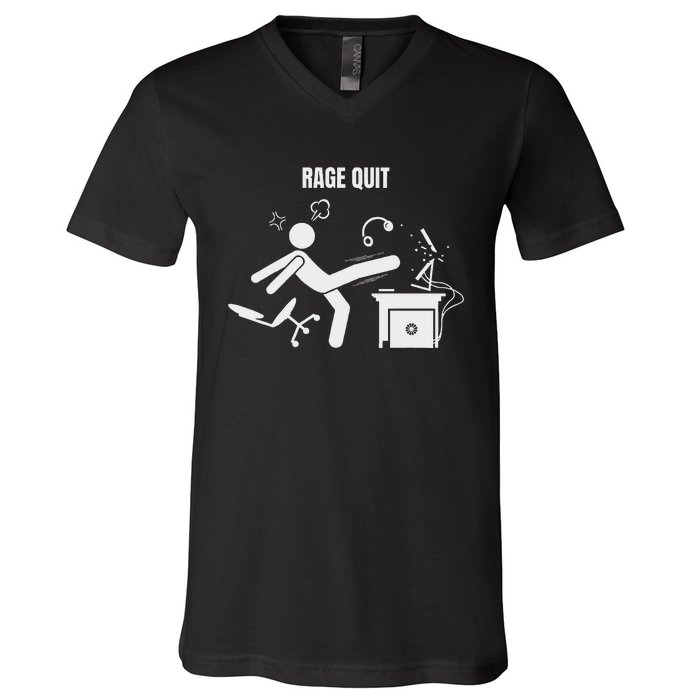 Funny Gamer Rage Quit Stick Figure Gaming Sarcastic Meme V-Neck T-Shirt