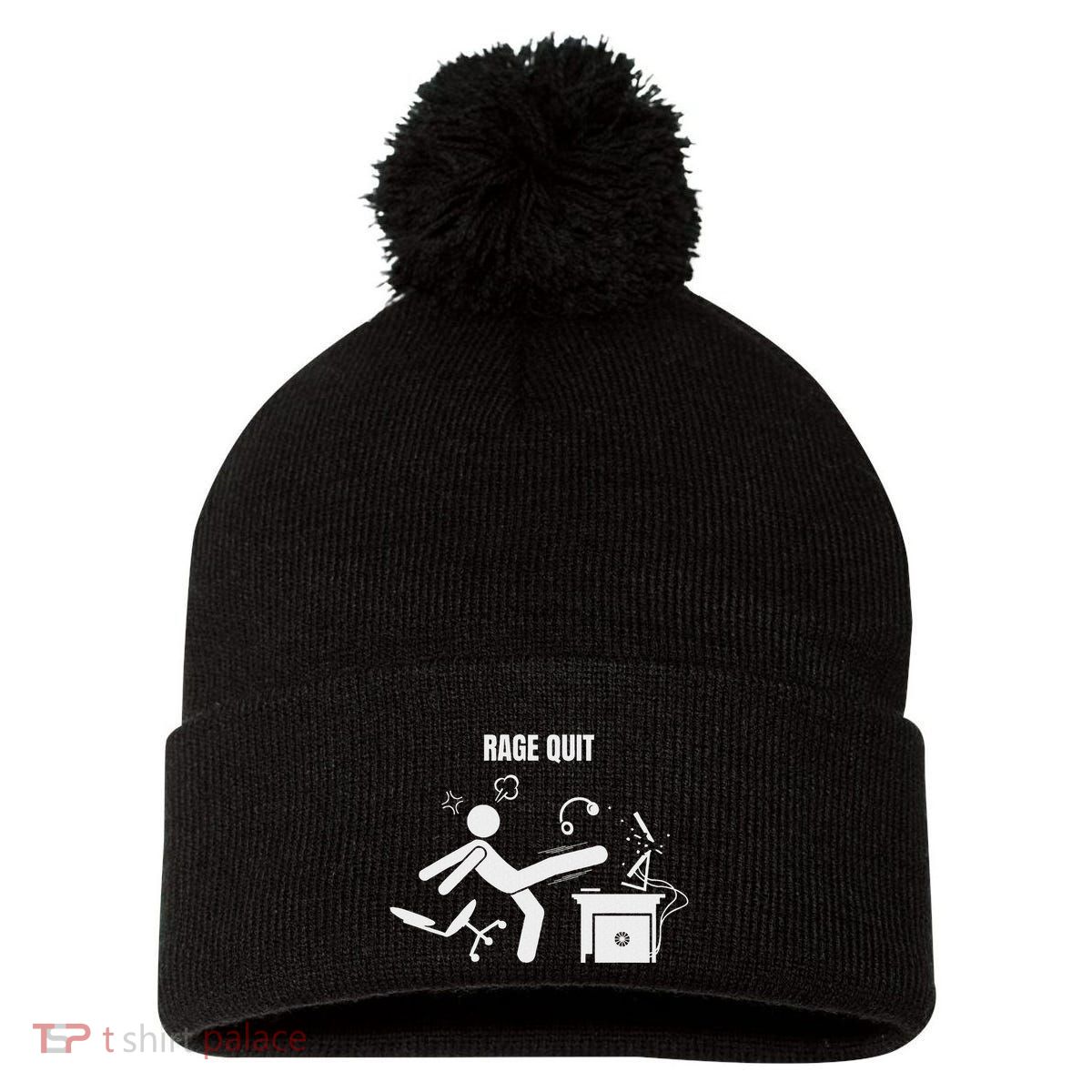 Funny Gamer Rage Quit Stick Figure Gaming Sarcastic Meme Pom Pom 12in Knit Beanie