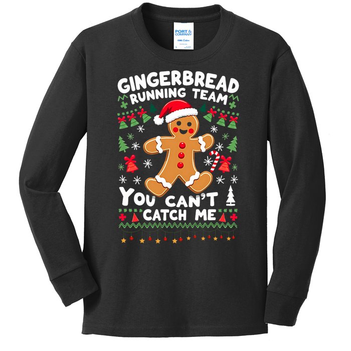 Funny Gingerbread Running Team Ugly Christmas Sweater Kids Long Sleeve Shirt