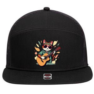 Funny Guitar Rock Cat Playing Guitar Cat For 7 Panel Mesh Trucker Snapback Hat