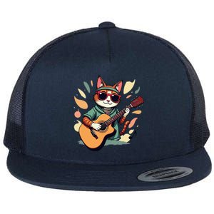 Funny Guitar Rock Cat Playing Guitar Cat For Flat Bill Trucker Hat