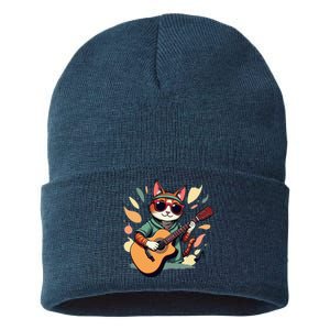 Funny Guitar Rock Cat Playing Guitar Cat For Sustainable Knit Beanie