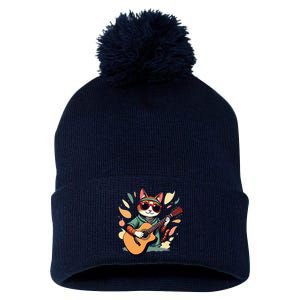 Funny Guitar Rock Cat Playing Guitar Cat For Pom Pom 12in Knit Beanie