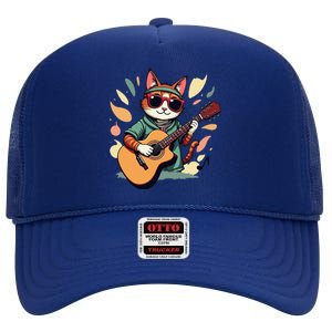 Funny Guitar Rock Cat Playing Guitar Cat For High Crown Mesh Back Trucker Hat