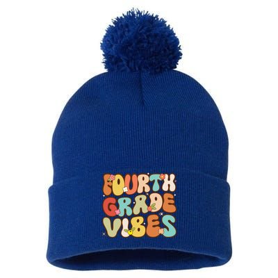 Fourth Grade Retro Back To School 4Th Grade Vibes Groovy Cool Gift Pom Pom 12in Knit Beanie