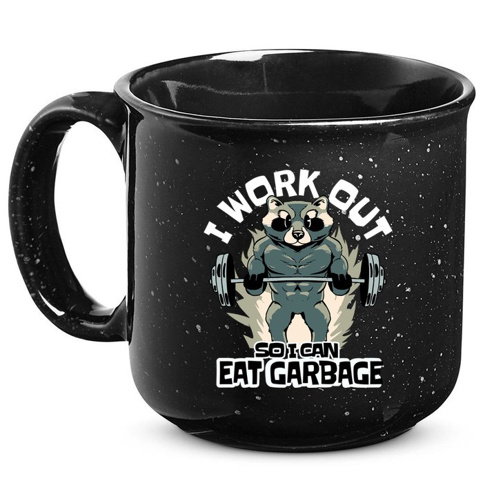 Funny Gym Raccoon I Workout So I Can Eat Garbage 15oz Campfire Ceramic Mug