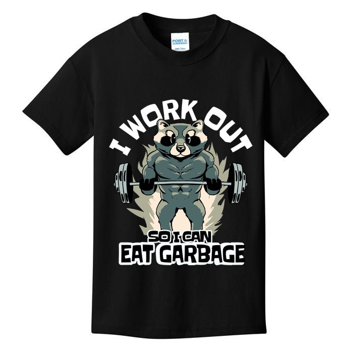 Funny Gym Raccoon I Workout So I Can Eat Garbage Kids T-Shirt
