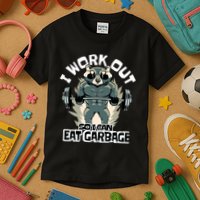 Funny Gym Raccoon I Workout So I Can Eat Garbage Kids T-Shirt