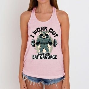 Funny Gym Raccoon I Workout So I Can Eat Garbage Women's Knotted Racerback Tank