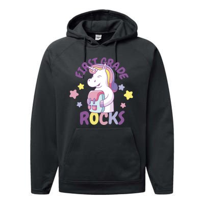 First Grade Rocks Unicorn Back To School Performance Fleece Hoodie