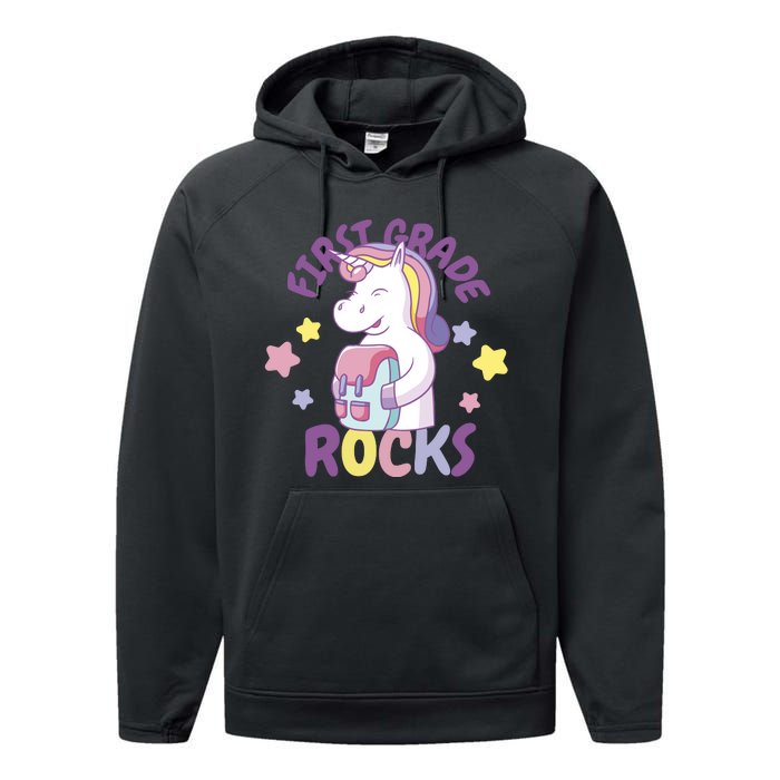 First Grade Rocks Unicorn Back To School Performance Fleece Hoodie