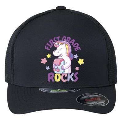 First Grade Rocks Unicorn Back To School Flexfit Unipanel Trucker Cap