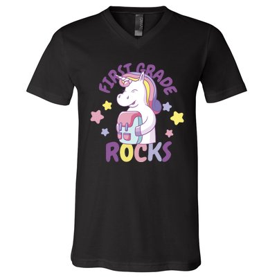 First Grade Rocks Unicorn Back To School V-Neck T-Shirt