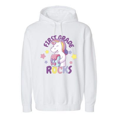 First Grade Rocks Unicorn Back To School Garment-Dyed Fleece Hoodie