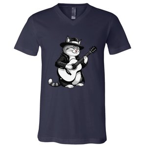 Funny Guitar Rock Cat Playing Guitar Cat For V-Neck T-Shirt