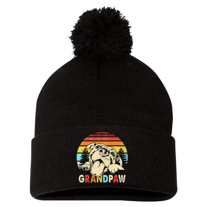 Funny Grandpaw Retro Vintage Pitbull Lovers Grandparents Day Pom Pom 12in Knit Beanie