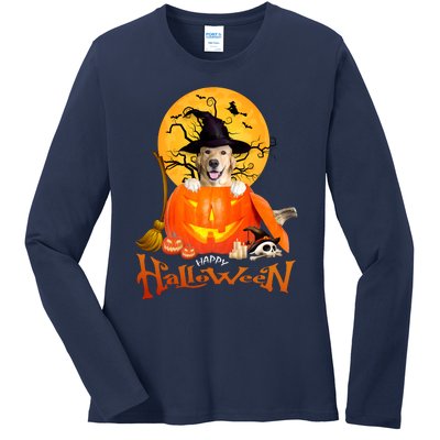 Funny Golden Retriever Dog Spooky Halloween Ladies Long Sleeve Shirt