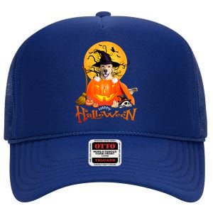 Funny Golden Retriever Dog Spooky Halloween High Crown Mesh Back Trucker Hat