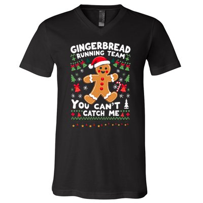 Funny Gingerbread Running Team Ugly Christmas Sweater V-Neck T-Shirt