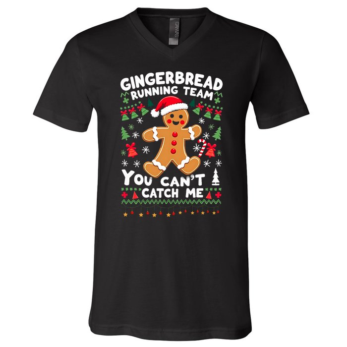 Funny Gingerbread Running Team Ugly Christmas Sweater V-Neck T-Shirt