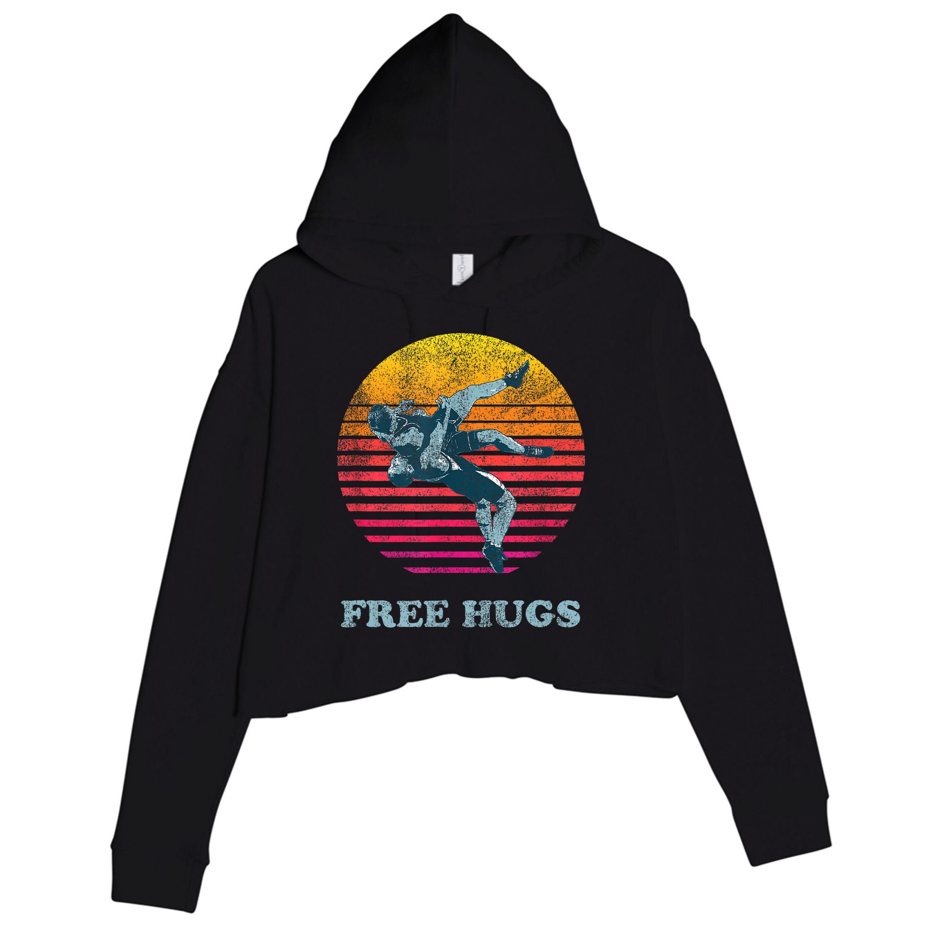 Funny Gift Retro Vintage Faded Cracked 70 80s Style Free Hugs Wrestling Gift Crop Fleece Hoodie