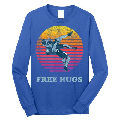 Funny Gift Retro Vintage Faded Cracked 70 80s Style Free Hugs Wrestling Gift Long Sleeve Shirt