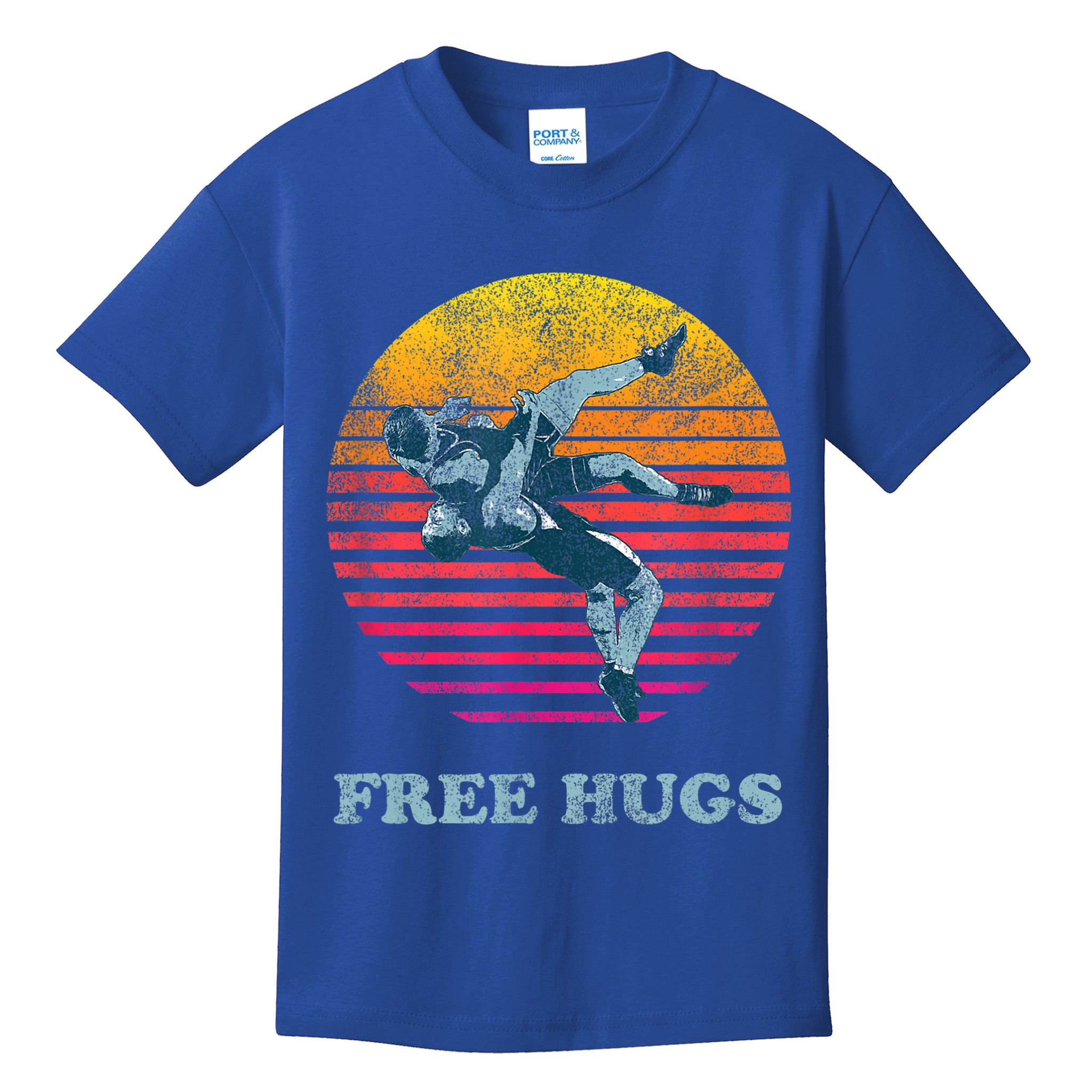 Funny Gift Retro Vintage Faded Cracked 70 80s Style Free Hugs Wrestling Gift Kids T-Shirt
