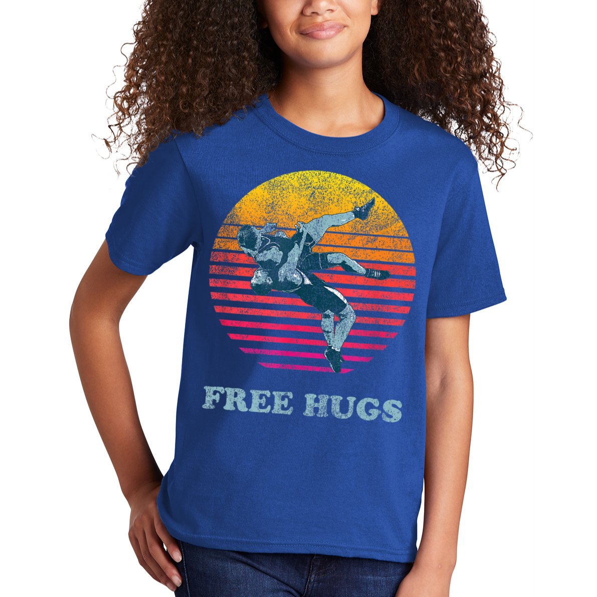 Funny Gift Retro Vintage Faded Cracked 70 80s Style Free Hugs Wrestling Gift Kids T-Shirt