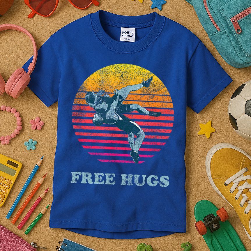 Funny Gift Retro Vintage Faded Cracked 70 80s Style Free Hugs Wrestling Gift Kids T-Shirt