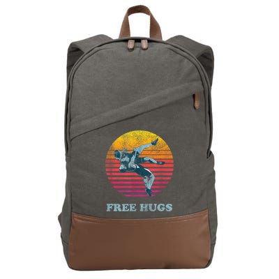 Funny Gift Retro Vintage Faded Cracked 70 80s Style Free Hugs Wrestling Gift Cotton Canvas Backpack