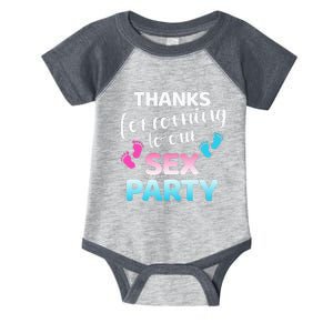 Funny gender reveal thanks coming to our sex party Infant Baby Jersey Bodysuit