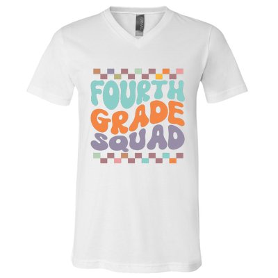 Fourth Grade Squad Retro Groovy Happy First Day Of School Gift V-Neck T-Shirt