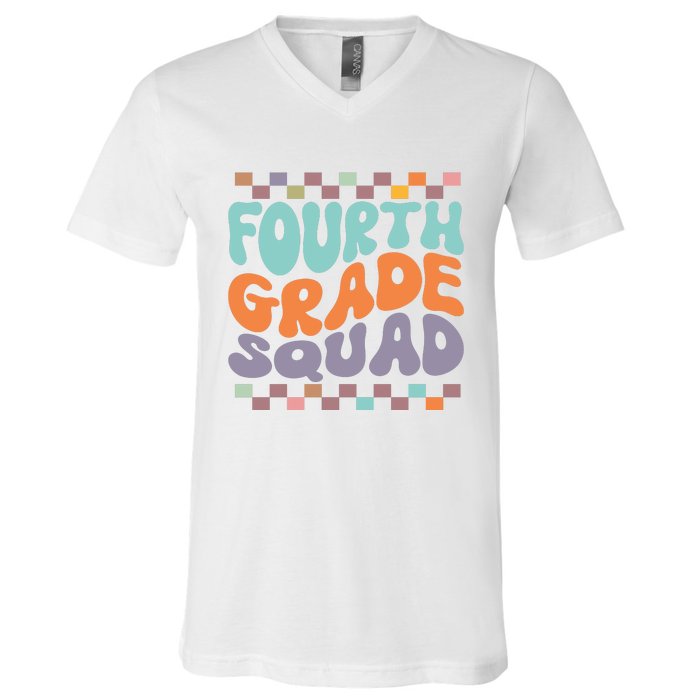 Fourth Grade Squad Retro Groovy Happy First Day Of School Gift V-Neck T-Shirt