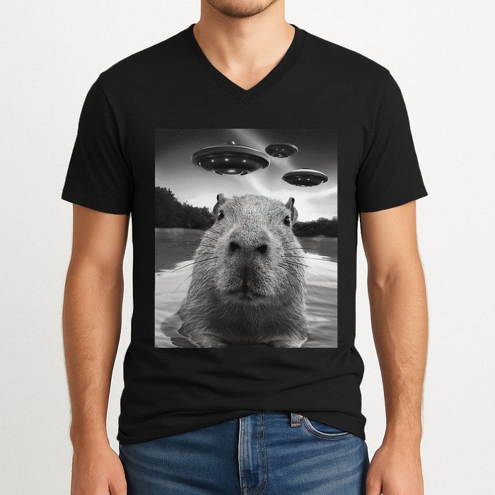 Funny Graphiccapybara Selfie With Ufos Weird V-Neck T-Shirt