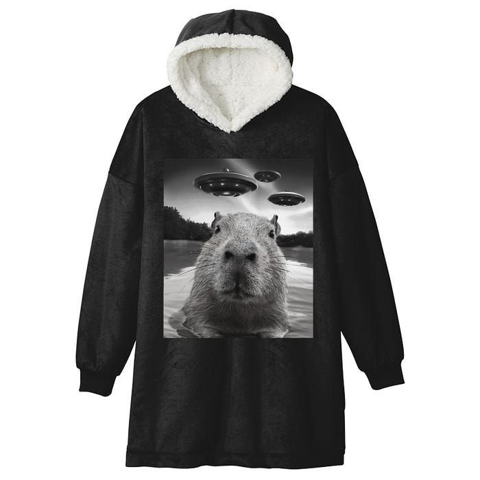 Funny Graphiccapybara Selfie With Ufos Weird Hooded Wearable Blanket