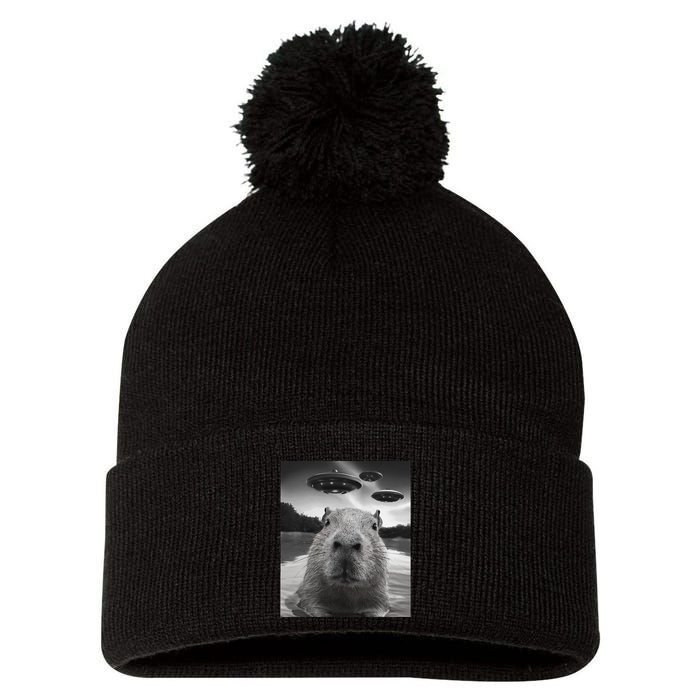 Funny Graphiccapybara Selfie With Ufos Weird Pom Pom 12in Knit Beanie