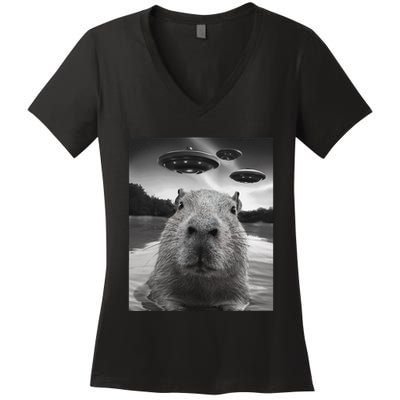 Funny Graphiccapybara Selfie With Ufos Weird Women's V-Neck T-Shirt