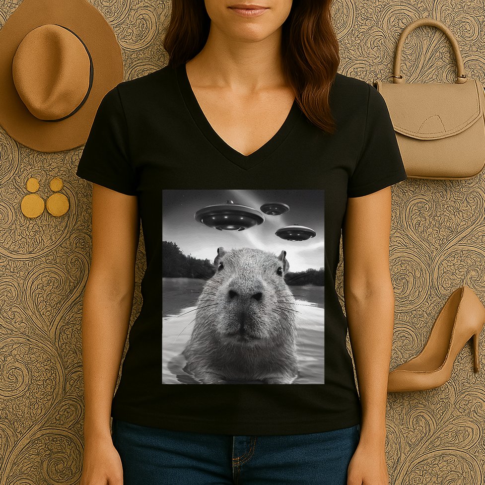 Funny Graphiccapybara Selfie With Ufos Weird Women's V-Neck T-Shirt