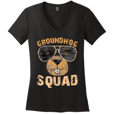 Funny Groundhog Squad Happy Groundhog Day 2024 Women's V-Neck T-Shirt