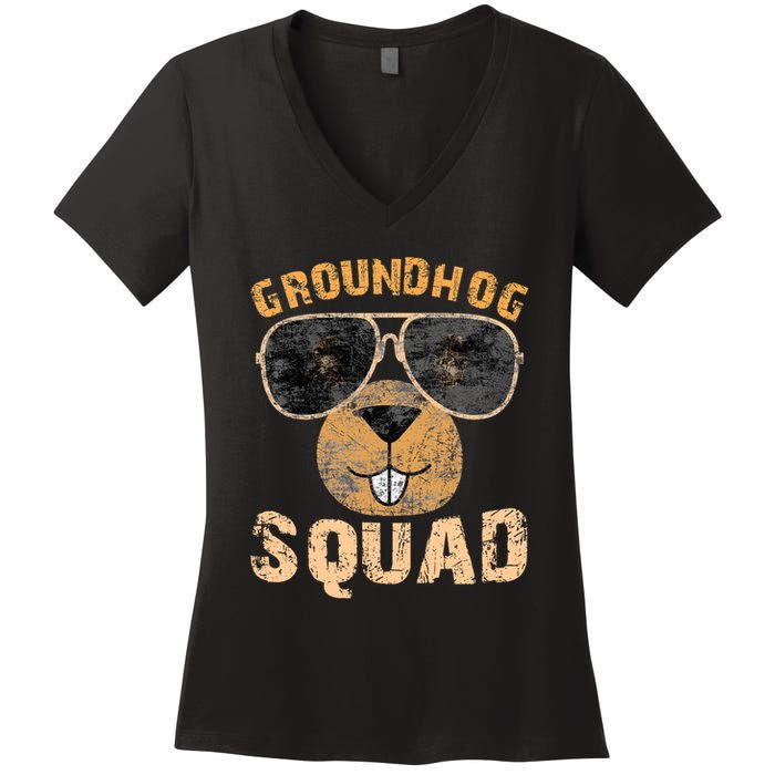 Funny Groundhog Squad Happy Groundhog Day 2024 Women's V-Neck T-Shirt