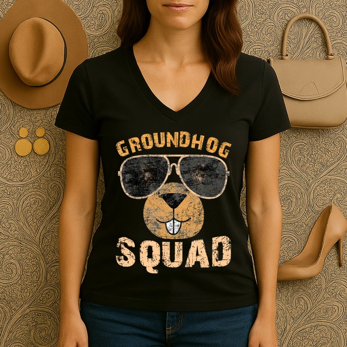 Funny Groundhog Squad Happy Groundhog Day 2024 Women's V-Neck T-Shirt