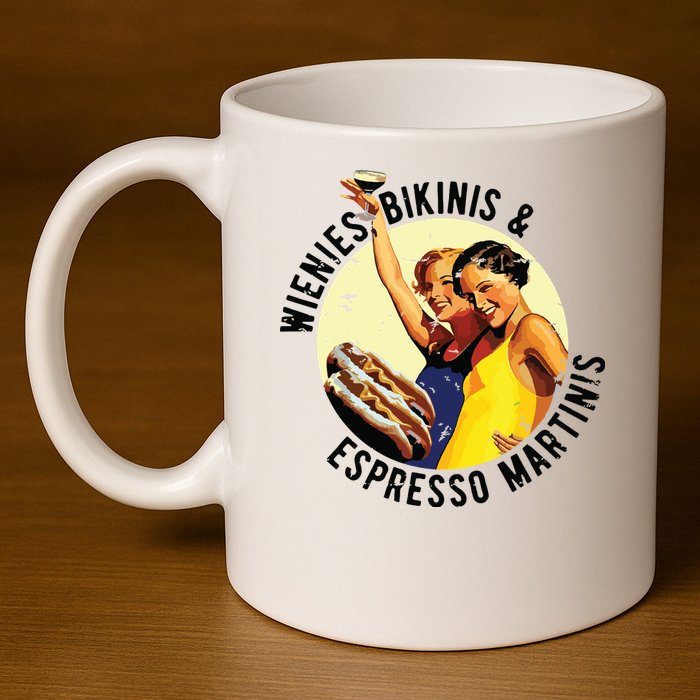 Fun Girl Summer Essentials Wienies Bikinis Espresso Martinis 11oz C Handle Ceramic Mug