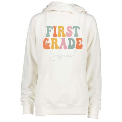 First Grade Squad Retro Groovy Vintage First Day Of School Womens Funnel Neck Pullover Hood