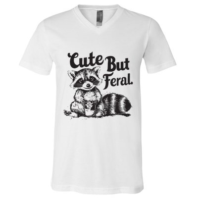 Feral Girl Summer Funny Meme Cute But Feral Raccoon Vacation V-Neck T-Shirt