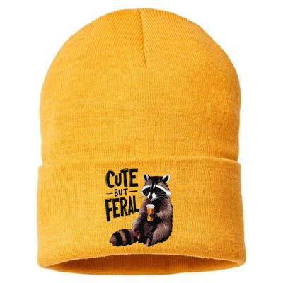 Feral Girl Summer Funny Meme Cute But Feral Raccoon Vacation Sustainable Knit Beanie