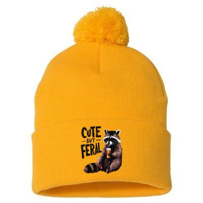 Feral Girl Summer Funny Meme Cute But Feral Raccoon Vacation Pom Pom 12in Knit Beanie