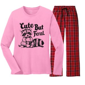 Feral Girl Summer Funny Meme Cute But Feral Raccoon Vacation Women's Long Sleeve Flannel Pajama Set 