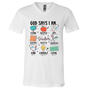 Funny God Says I Am Teacher Bible Verse Christian Teacher Teacher God Says V-Neck T-Shirt