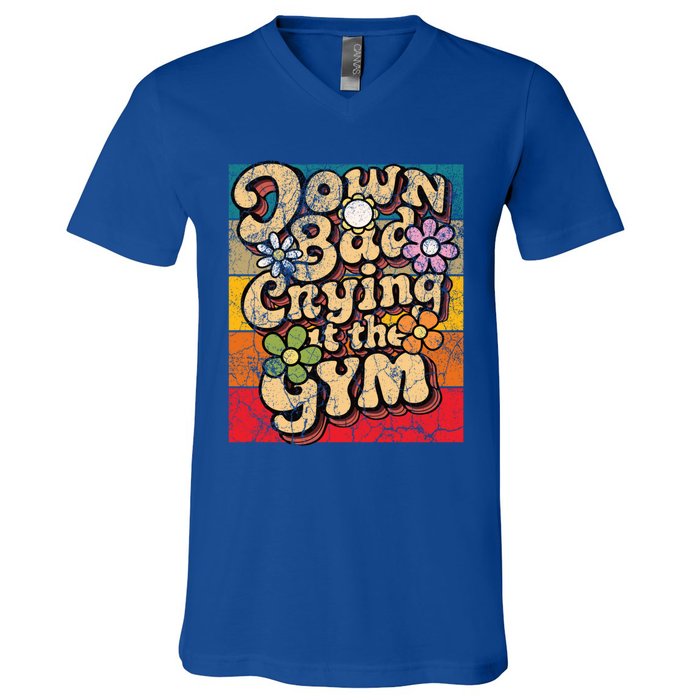 Funny Groovy Saying Down Bad Crying At The Gym Retro Vintage Gift V-Neck T-Shirt