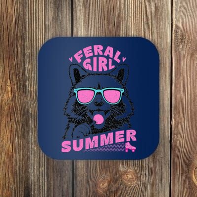 Feral Girl Summer Raccoon Vintage Coaster